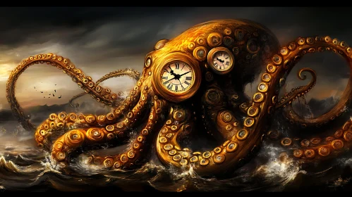 Golden Octopus with Embedded Clocks in Surreal Ocean