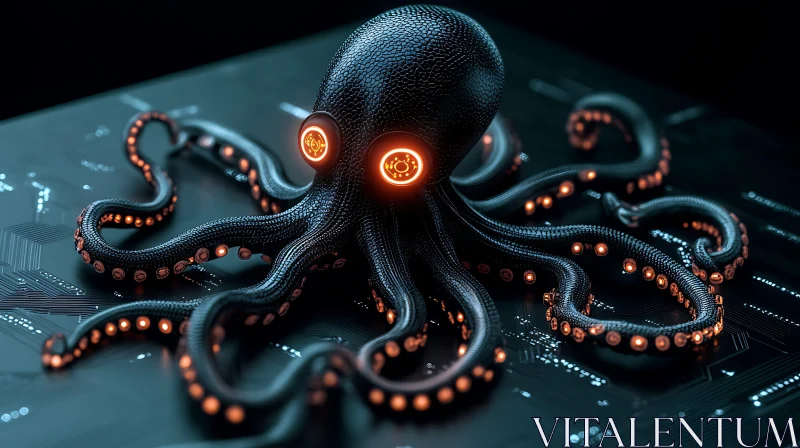 Cyborg Octopus with Glowing Tentacles AI Image