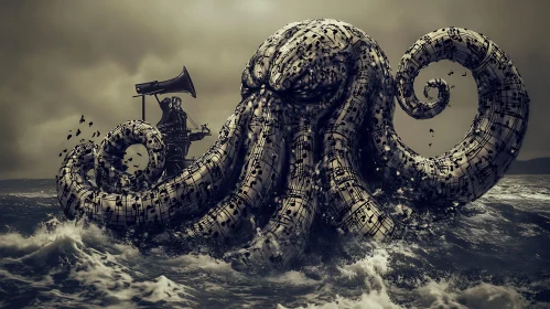 Musical Octopus in Surreal Ocean Scene