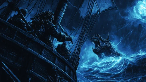 Epic Nighttime Battle Between Sailors and Sea Creature