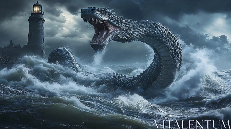 Massive Sea Serpent Near Lighthouse in Turbulent Seas AI Image