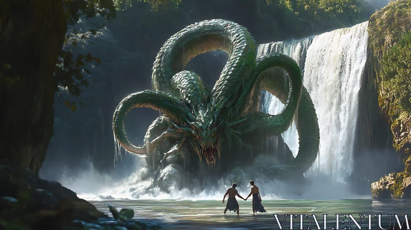 Mythical Multi-headed Serpent at the Mystical Falls AI Image