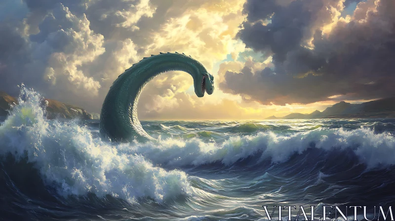 Gigantic Sea Serpent Amidst Stormy Ocean at Dusk AI Image