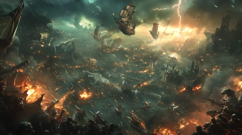 Fierce Sea Battle Under Thunderstorm