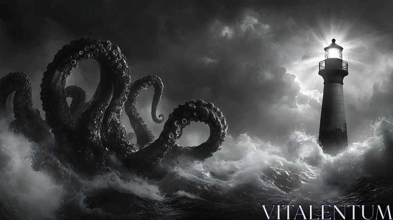 Mystical Night Scene with Lighthouse and Tentacles