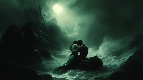 Romantic Moonlit Embrace with a Mermaid