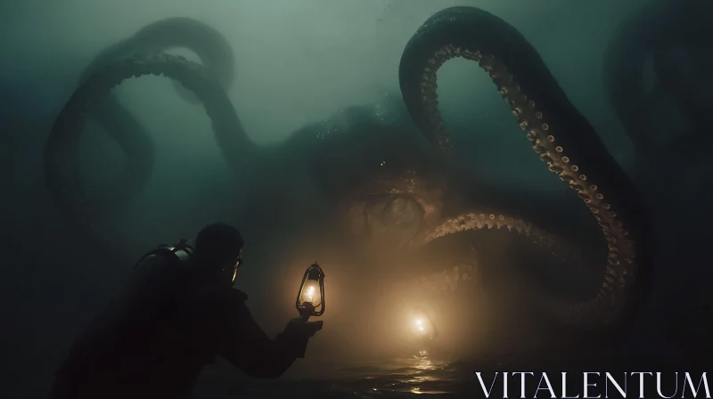 Giant Kraken and Diver With Lantern