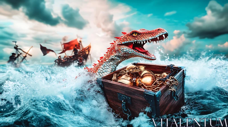 Dragon and Pirate Treasure at Sea AI Image