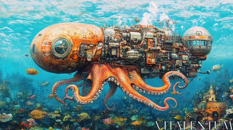 Steampunk Octopus Submarine in Underwater Fantasy AI Image