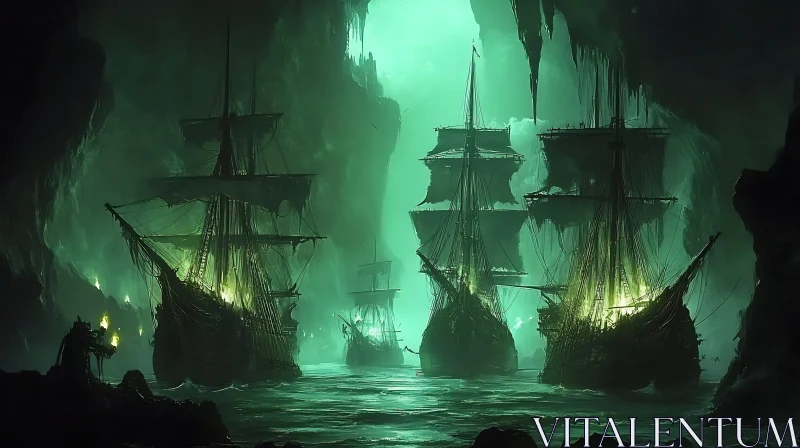 Spectral Ships in a Gloomy Green Cave AI Image