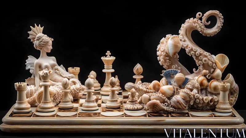 Oceanic Chess Set with Mermaid and Octopus AI Image