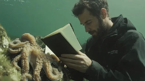 Man Reads to Octopus Underwater