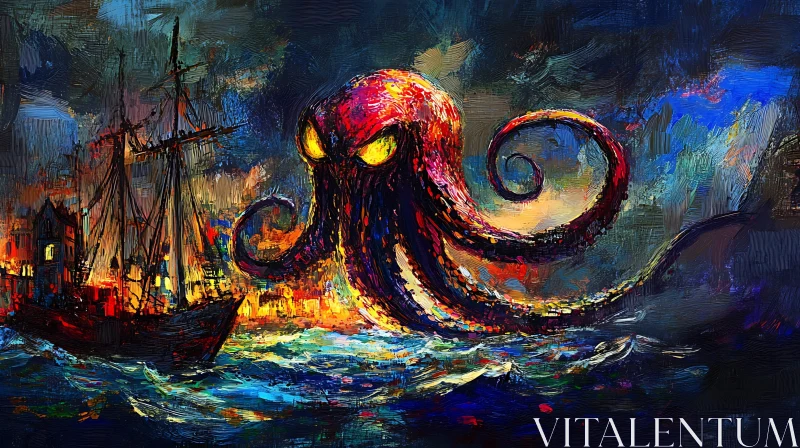 Breathtaking Painting of a Giant Octopus with a Ship AI Image