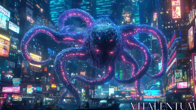 AI ART Neon-Lit Urban Landscape Dominated by Cybernetic Octopus