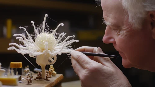 Meticulous Crafting of Delicate White Mushroom-like Sculpture