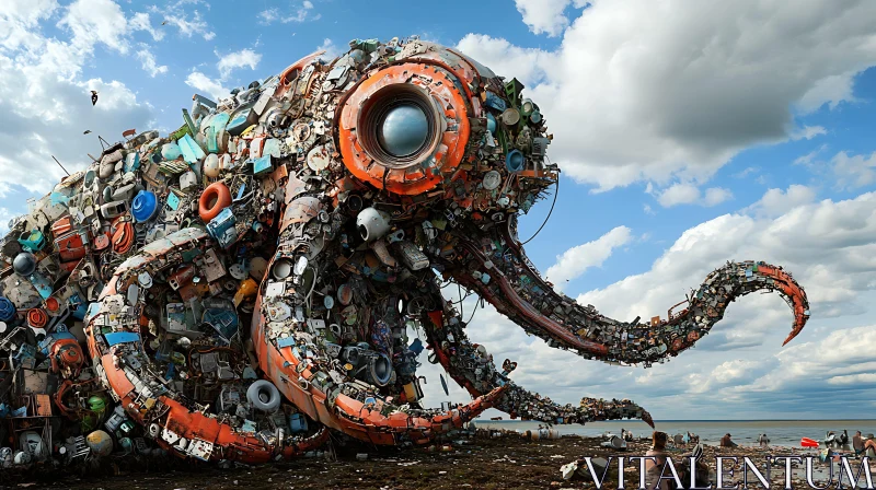 Recycled Octopus Sculpture on Beach AI Image