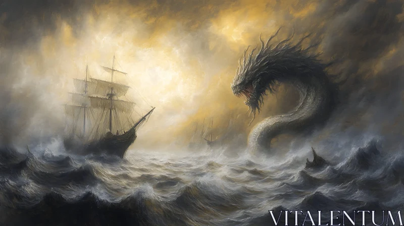 Dramatic Showdown: Enormous Sea Monster Faces Ship AI Image