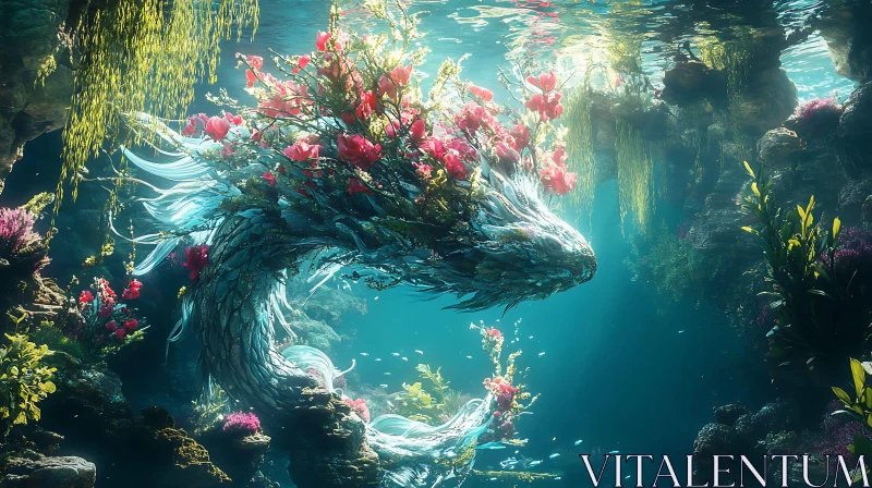 Magical Underwater Dragon with Flowers AI Image