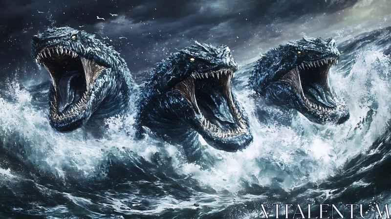 Mythical Beasts Revealed in Stormy Seas AI Image