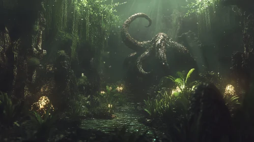 Eerie Forest Illuminated by Glowing Flora and Tentacled Beast