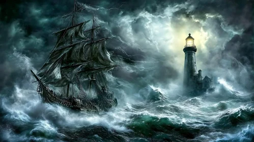 Ship Braving a Stormy Sea with Lighthouse