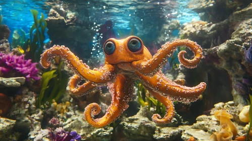 Orange Octopus Gracefully Swimming in Coral Reef