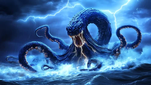 Mighty Kraken in Stormy Waters with Lightning