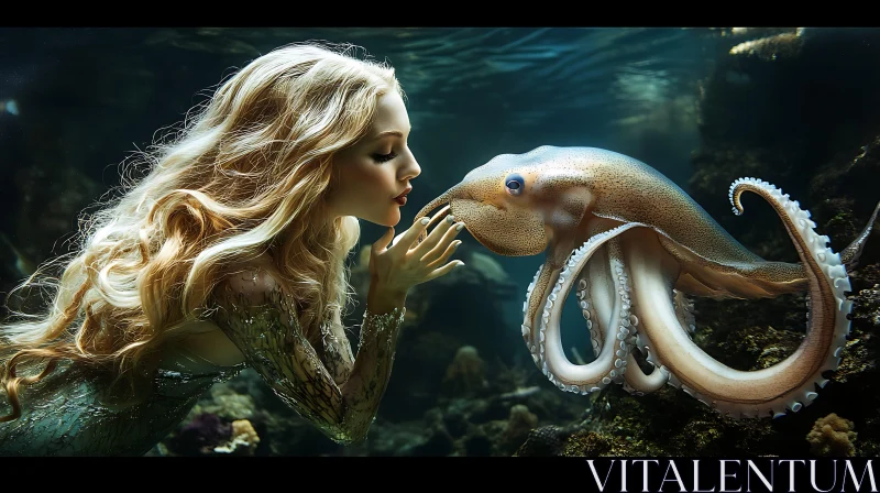 Magical Underwater Encounter Between Mermaid and Octopus AI Image