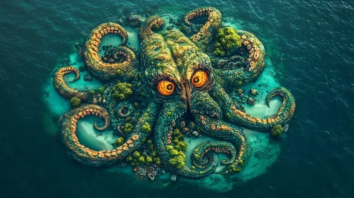 Giant Octopus Island with Orange Eyes