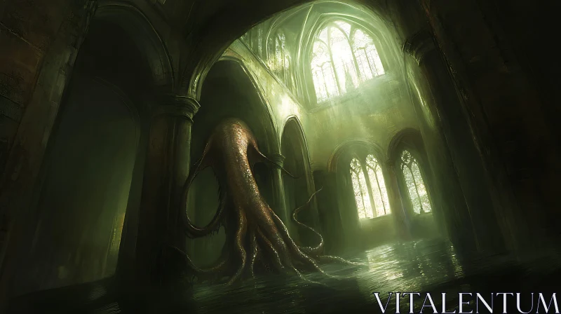 Gothic Cathedral with Tentacled Monster AI Image