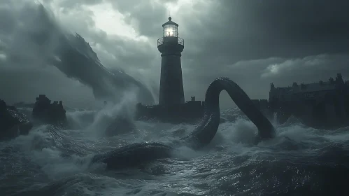 Lighthouse Under Siege by Sea Monster