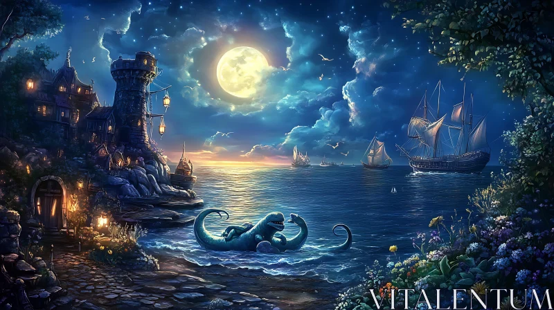 Enchanted Night by the Sea: Castle, Ships, and Serpent AI Image