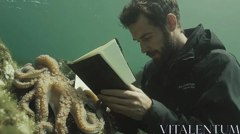 Man Reads to Octopus Underwater AI Image