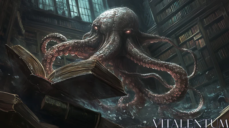 Giant Kraken in a Mysterious Library AI Image