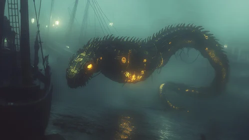 Bioluminescent Kraken in Misty Waters