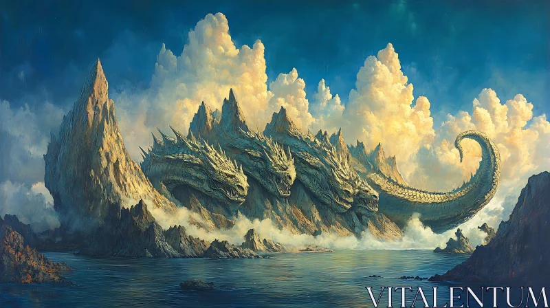 Majestic Dragon and Mountains Fantasy Scene AI Image