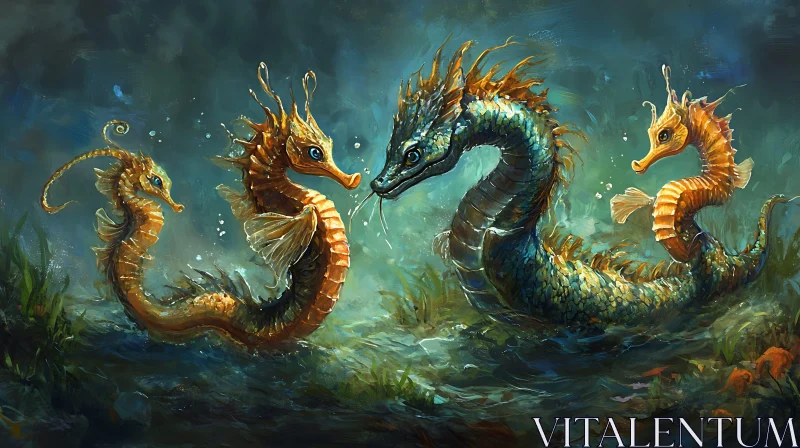 Mystical Sea Creatures in Blue Ocean Fantasy AI Image