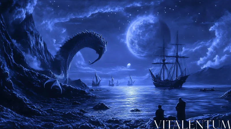 Fantasy Night Scene with Dragon and Sailing Ships