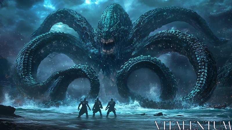 Giant Sea Monster with Tentacles at Night AI Image