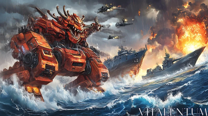 Gigantic Mech and Naval Combat Scene AI Image