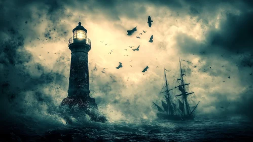 Mystical Night at Sea with Lighthouse and Ship