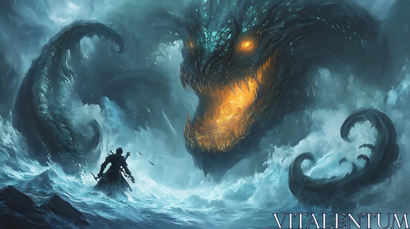 Warrior Confronting Mythical Sea Beast AI Image