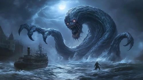 Giant Sea Monster Menaces Ship on Stormy Night