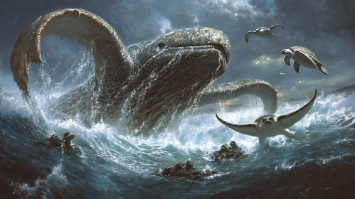 Giant Whale-Like Beast in Stormy Sea