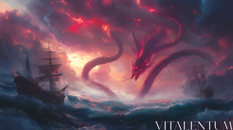 AI ART Kraken Emerges in a Stormy Sea at Sunset