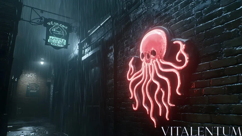 AI ART Neon Octopus Alley on a Rainy Night