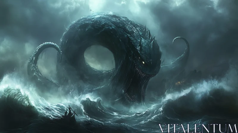 Colossal Sea Monster in Stormy Waters AI Image