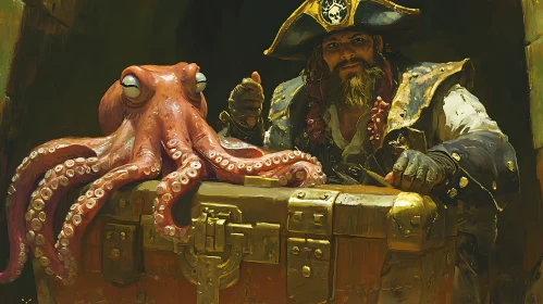 Fantastical Pirate with Treasure and Animated Octopus