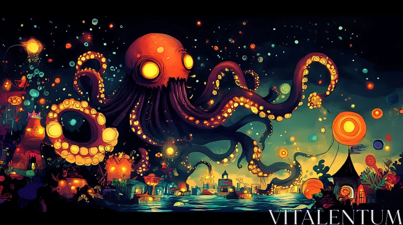 Enchanted Night Scene Featuring Giant Illuminated Octopus AI Image