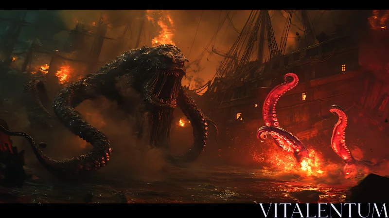 Sea Monster Emerges Amidst Flames AI Image